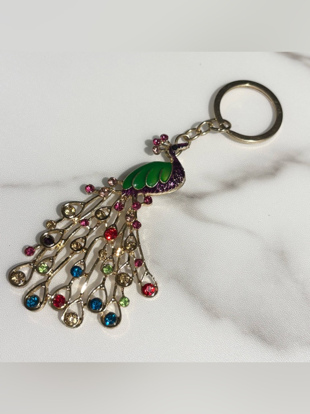 Gold Tone Multicolored Rhinestone Peacock Bag Charm/Keychain